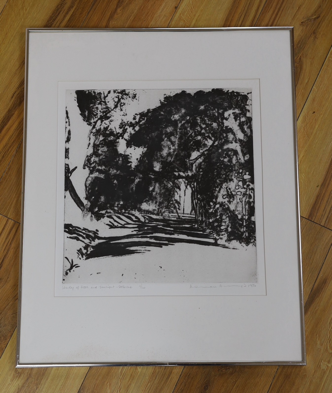 Norman Ackroyd (b.1938-), etching and aquatint, 'Study of trees and sunlight - Selborne', signed in pencil and dated 1980, 11/30, 43 x 40cm